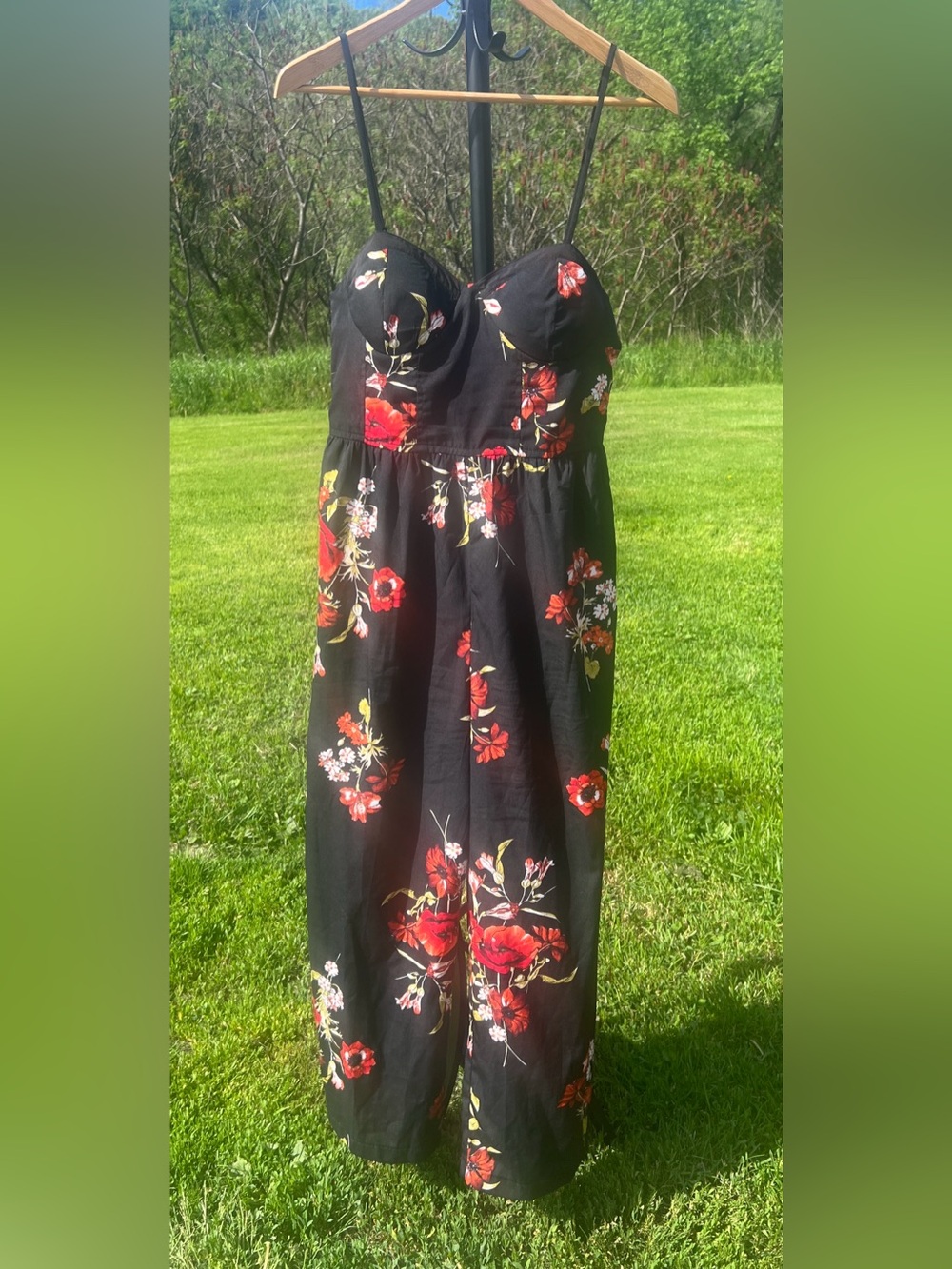 Band of Gypsies M Jumpsuit Black Red Floral Wide Leg Bustier Boho Festival Flowy